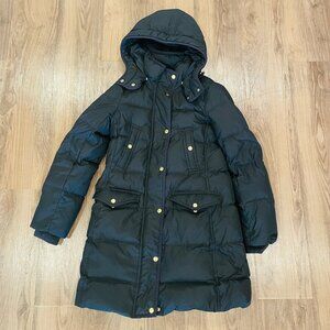 Black J.Crew Puffer Coat with Gold Snaps and Hood Size Small